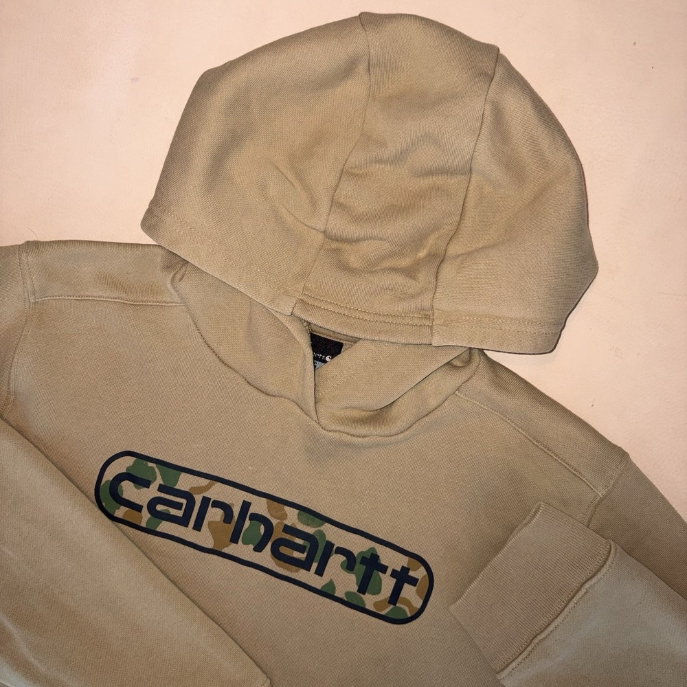 Carhartt Boys Youth Large 14-16 Brown Camouflage Logo Hoodie Pullover Sweatshirt